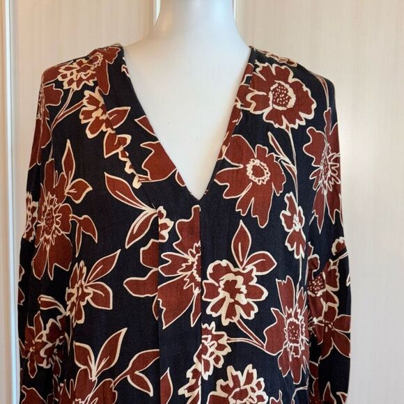 ZARA floral print 3/4 sleeve tunic shirt dress Sz S pockets borwn/black - Picture 2 of 12